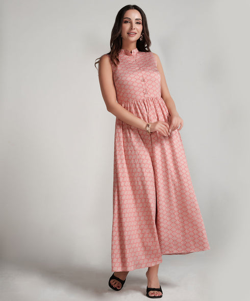 Sleeveless Printed Waist Gathered Pink Dress